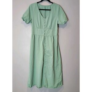Cottage Shirt Dress Green Granola Fairy Sz Large Prairie Puff Sleeve Button Boho